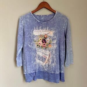 Jess & Jane Blue Mineral Wash Floral Tunic Top Boho Artsy Cottagecore USA Made